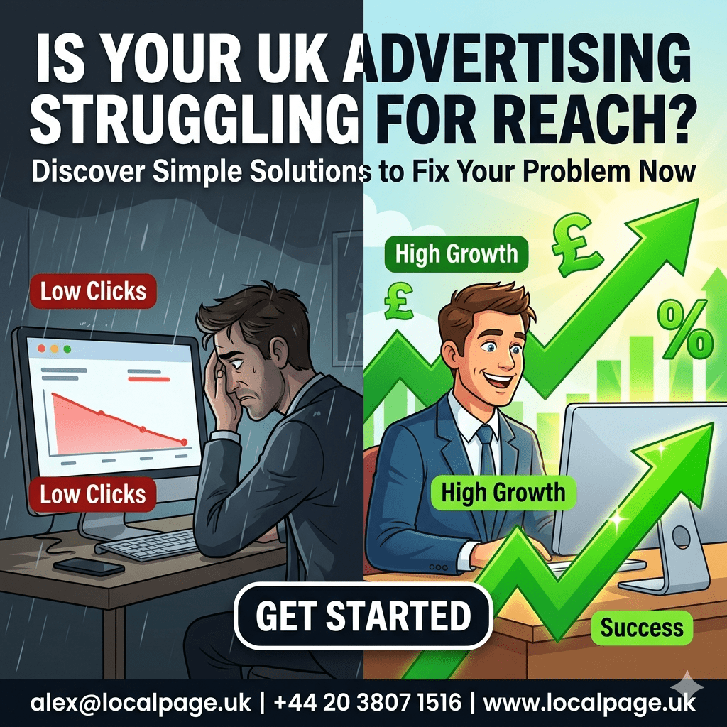 Split image showing the contrast between a small, low-visibility business presence (muted colors) and a large, high-reach business presence (bright colors) after applying the advertising guide.