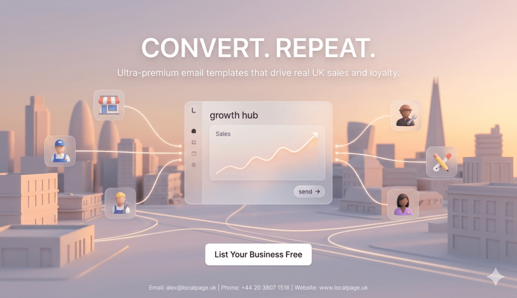 A premium 3D minimal London cityscape at dawn with glowing digital network connections representing high-converting, GDPR-compliant UK small business email marketing campaigns on the LocalPage platform.