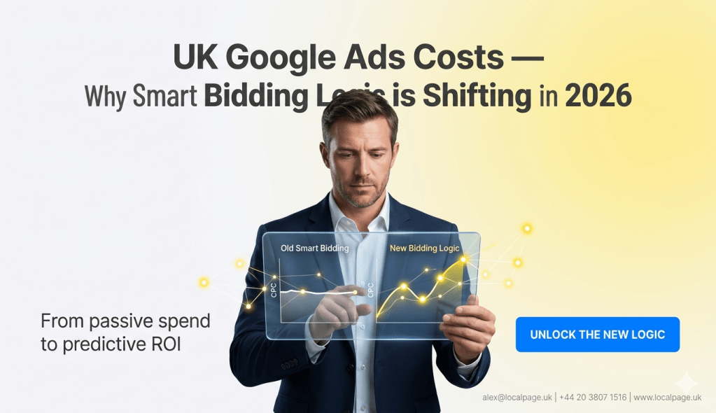 A humanist, minimalist square social media graphic with a soft blue to white gradient background. A glowing 3D dynamic ascending spiral is integrated with a localized UK clock face and connection nodes, symbolizing optimal time. Large hook text at the top reads "UK AD TIMING: CRACK THE UK TIME CODE FOR GROWTH" and a CTA button reads "GET THE 2026 BLUEPRINT," with the LocalPage.uk brand footer at the bottom.